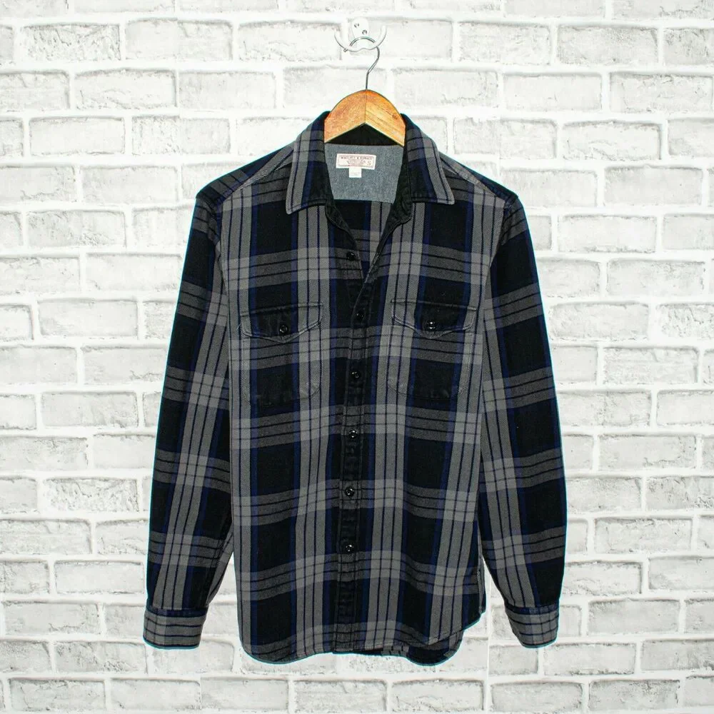Wallace & Barnes Flannel Shirt Gray Blue Plaid Button up SMALL